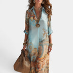 Sienna | Women's Maxi Shirt Dress with Mediterranean Print, Flowing Collar Dress | Direct Attire