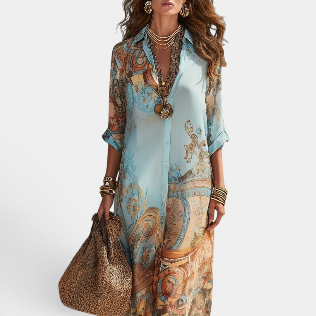 Sienna | Women's Maxi Shirt Dress with Mediterranean Print, Flowing Collar Dress | Direct Attire