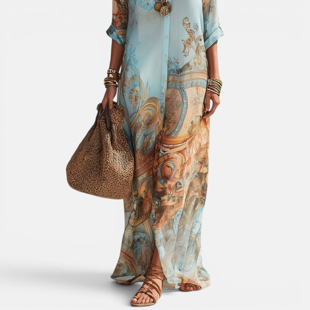 Sienna | Women's Maxi Shirt Dress with Mediterranean Print, Flowing Collar Dress | Direct Attire