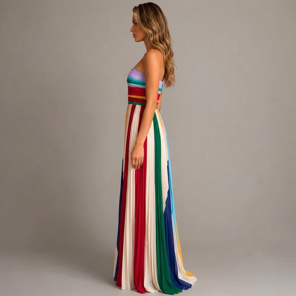 Sienna | Women's Multicolor Strapless Pleated Maxi Dress, Flattering Summer Dress for Holidays and Everyday Wear, Flattering Summer Dress for Holidays and Everyday Wear - image 2