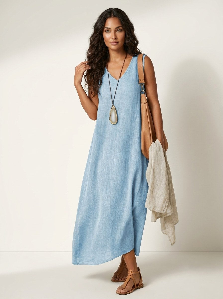 Skye | Women's Linen-Look Maxi Dress, V-Neck Sleeveless Dress | Direct Attire | Khaki