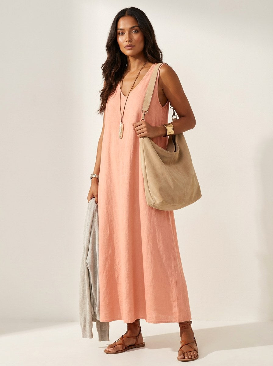 Skye | Women's Linen-Look Maxi Dress, V-Neck Sleeveless Dress | Direct Attire | Oranje