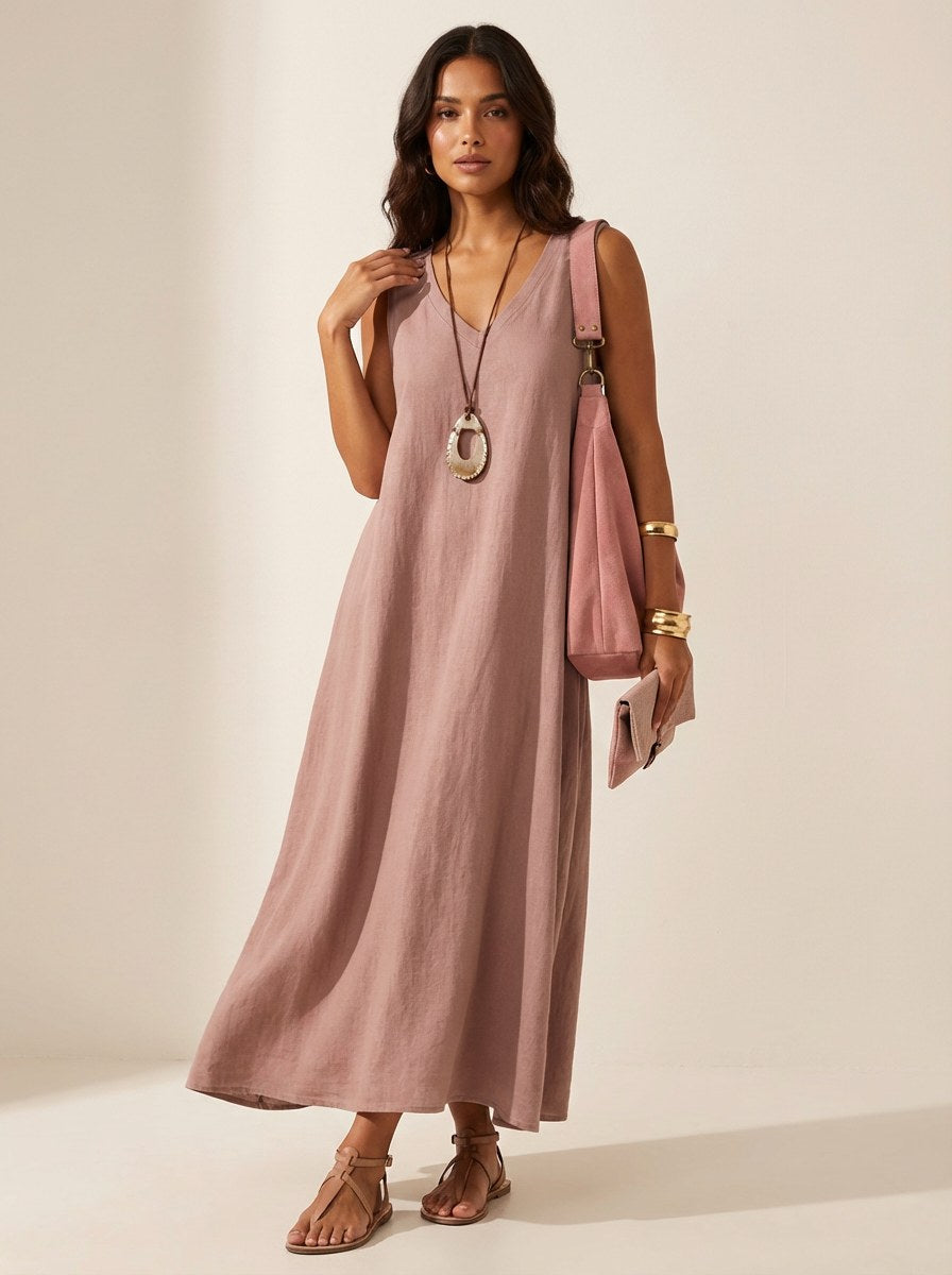 Skye | Women's Linen-Look Maxi Dress, V-Neck Sleeveless Dress | Direct Attire | Lichtblauw