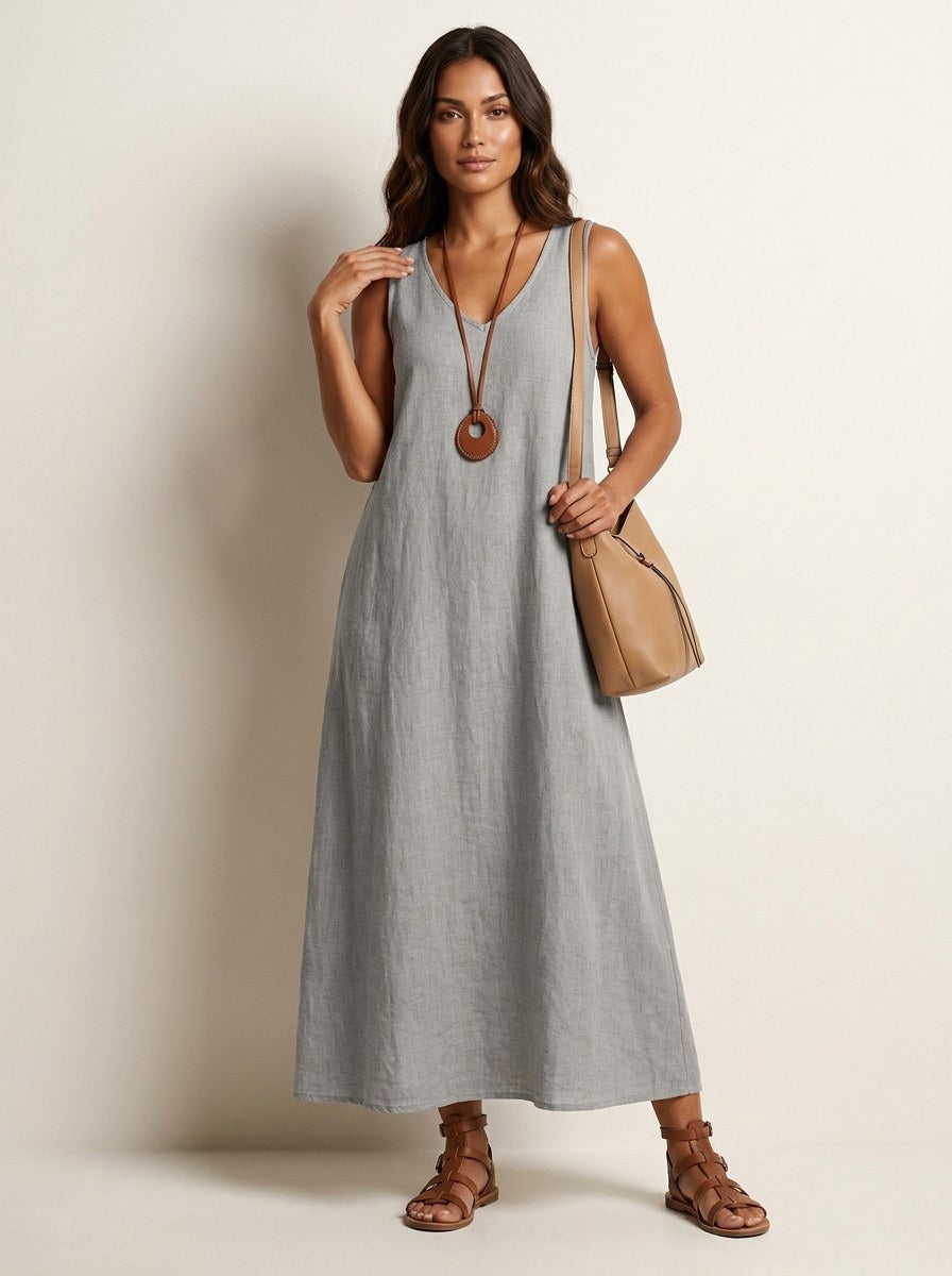 Skye | Women's Linen-Look Maxi Dress, V-Neck Sleeveless Dress | Direct Attire | Grijs