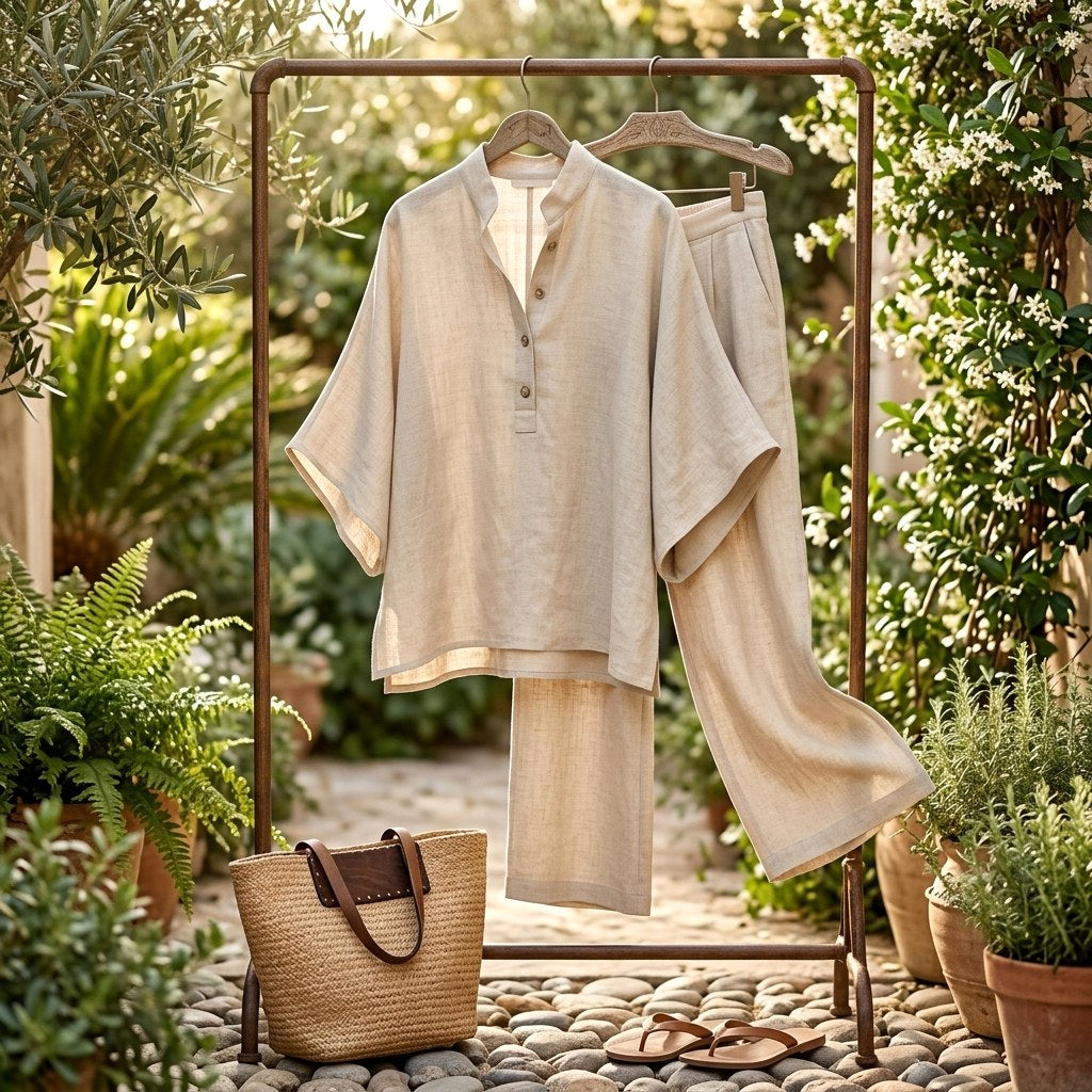 Sloane | Women's Mandarin Collar Kimono Linen Two-Piece Set, Coordinated Summer Outfit for Holidays and Casual Wear, Coordinated Summer Outfit for Holidays and Casual Wear - image 12
