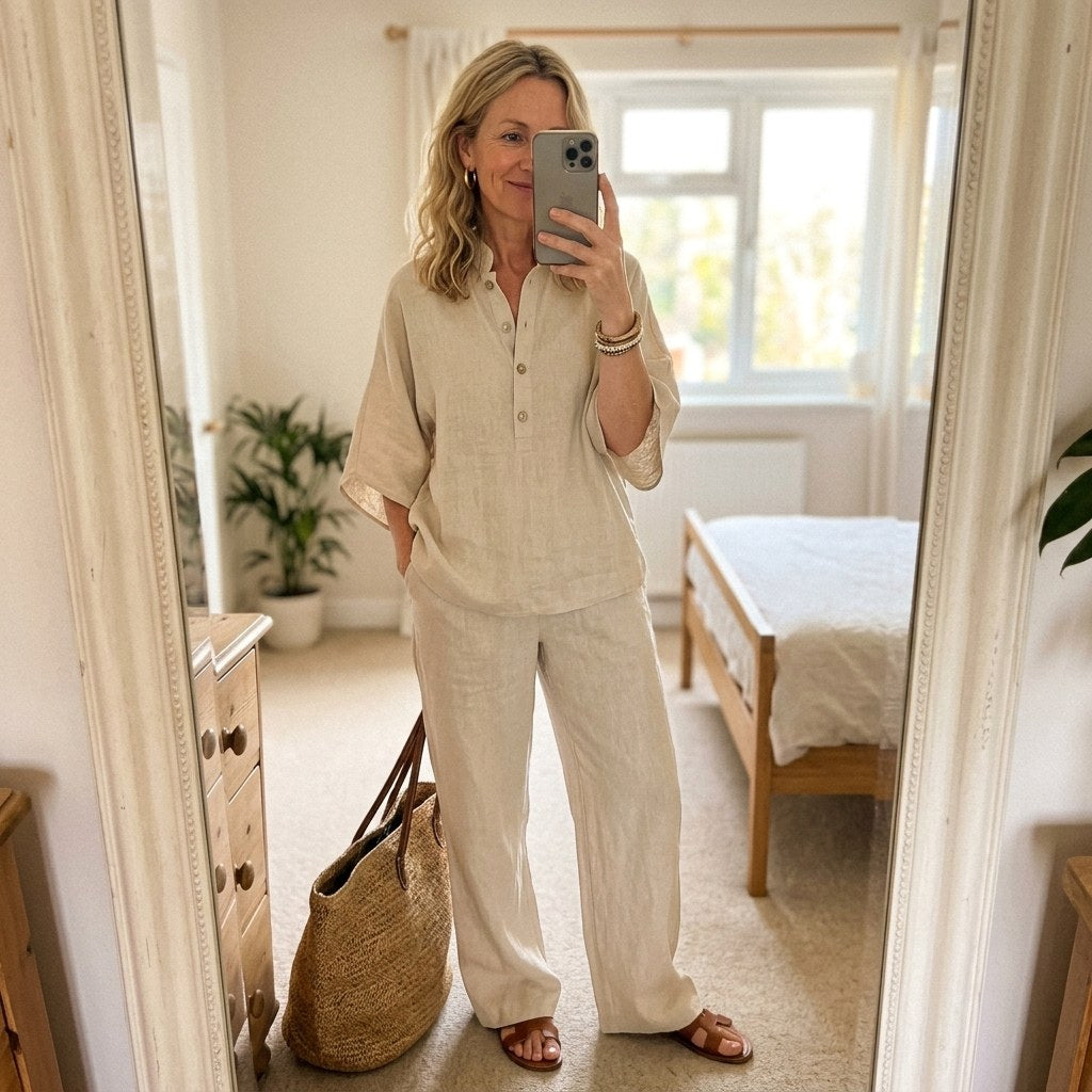 Sloane | Women's Mandarin Collar Kimono Linen Two-Piece Set, Coordinated Summer Outfit for Holidays and Casual Wear, Coordinated Summer Outfit for Holidays and Casual Wear - image 14