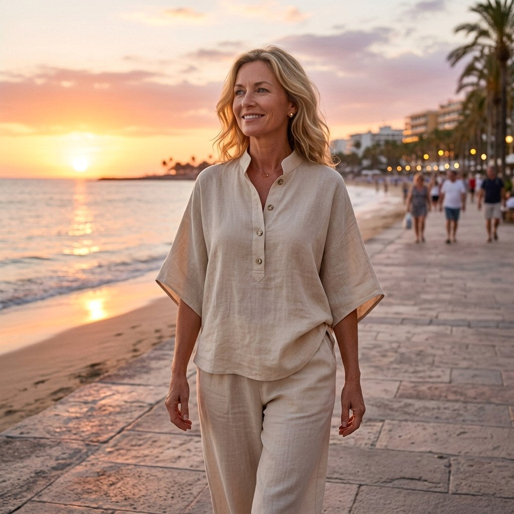 Sloane | Women's Mandarin Collar Kimono Linen Two-Piece Set, Coordinated Summer Outfit for Holidays and Casual Wear, Coordinated Summer Outfit for Holidays and Casual Wear - image 16