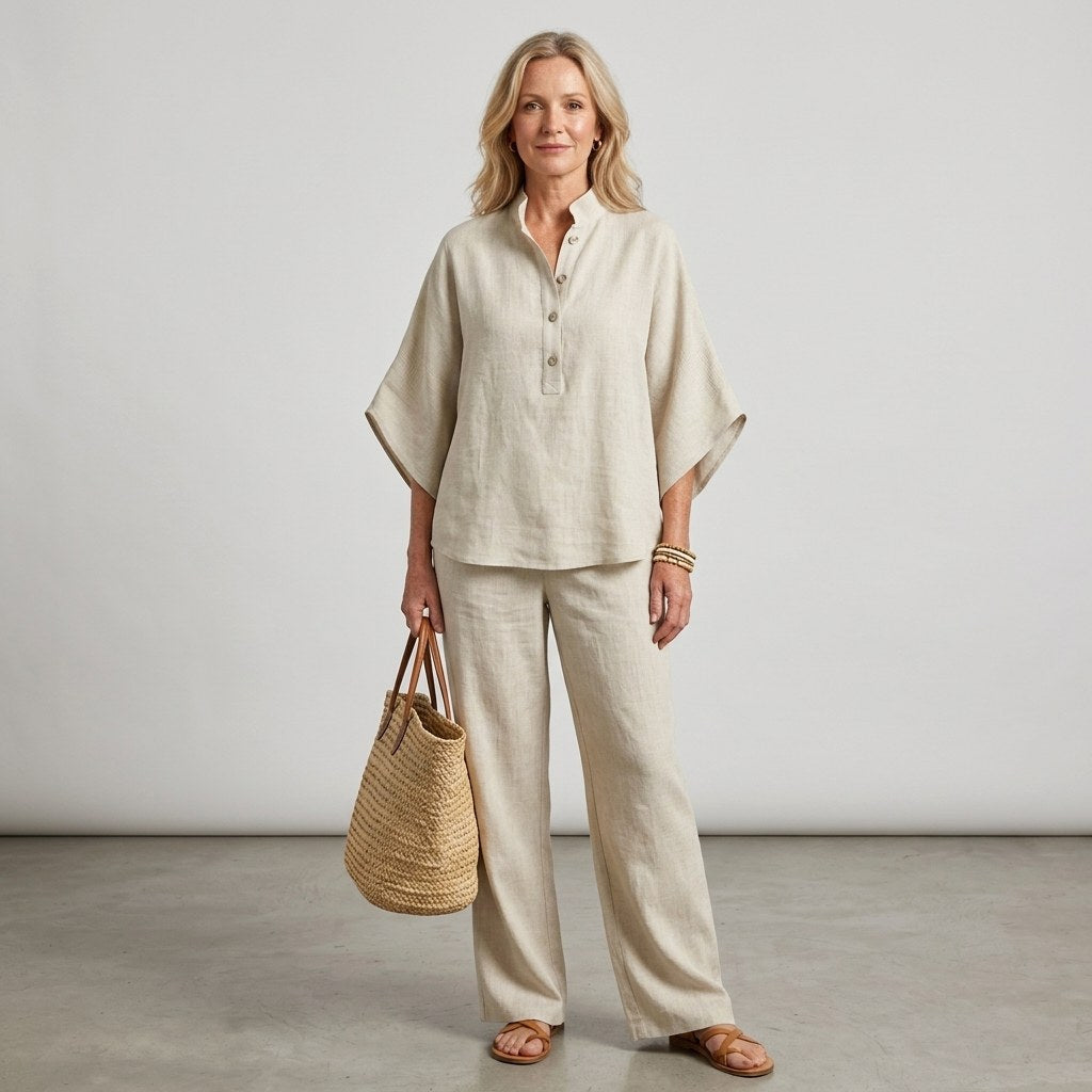 Sloane | Women's Mandarin Collar Kimono Linen Two-Piece Set, Coordinated Summer Outfit for Holidays and Casual Wear, Coordinated Summer Outfit for Holidays and Casual Wear - image 17