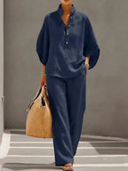 Sloane | Women's Mandarin Collar Kimono Linen Two-Piece Set, Coordinated Summer Outfit for Holidays and Casual Wear, Coordinated Summer Outfit for Holidays and Casual Wear - Navy