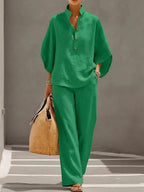 Sloane | Women's Mandarin Collar Kimono Linen Two-Piece Set, Coordinated Summer Outfit for Holidays and Casual Wear, Coordinated Summer Outfit for Holidays and Casual Wear - Green