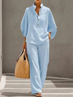 Sloane | Women's Mandarin Collar Kimono Linen Two-Piece Set, Coordinated Summer Outfit for Holidays and Casual Wear, Coordinated Summer Outfit for Holidays and Casual Wear - Light BLue