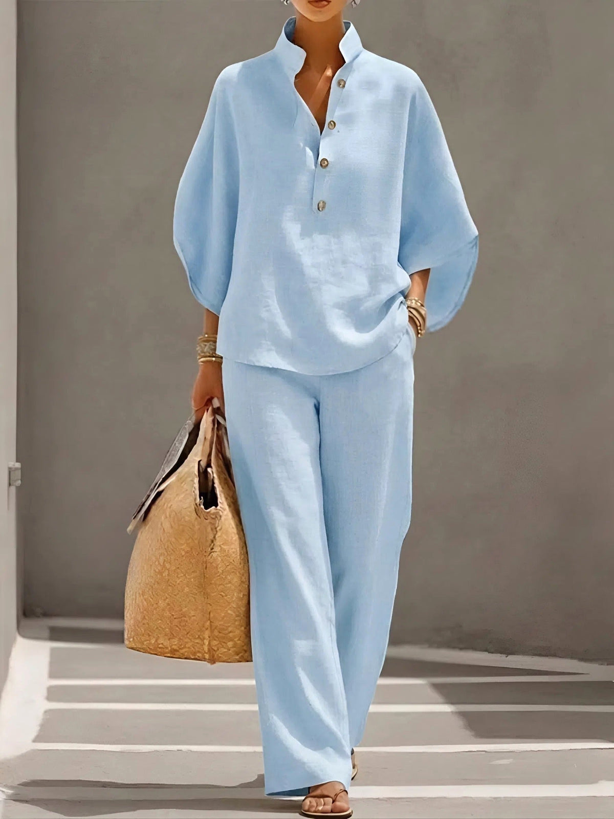 Sloane | Women's Mandarin Collar Kimono Linen Two-Piece Set, Coordinated Summer Outfit for Holidays and Casual Wear, Coordinated Summer Outfit for Holidays and Casual Wear - Light BLue