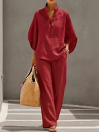 Sloane | Women's Mandarin Collar Kimono Linen Two-Piece Set, Coordinated Summer Outfit for Holidays and Casual Wear, Coordinated Summer Outfit for Holidays and Casual Wear - Red