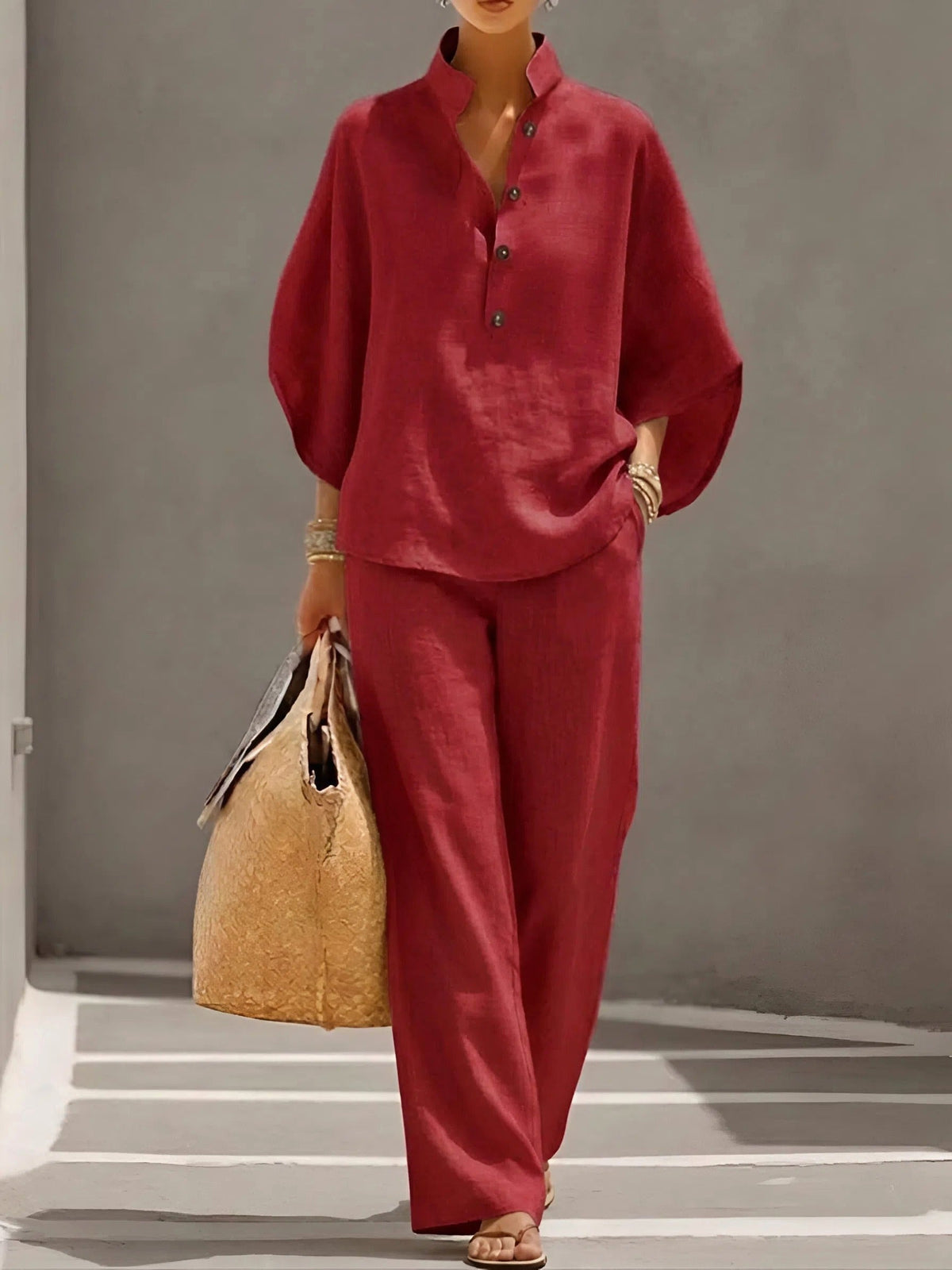 Sloane | Women's Mandarin Collar Kimono Linen Two-Piece Set, Coordinated Summer Outfit for Holidays and Casual Wear, Coordinated Summer Outfit for Holidays and Casual Wear - Red