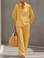 Sloane | Women's Mandarin Collar Kimono Linen Two-Piece Set, Coordinated Summer Outfit for Holidays and Casual Wear, Coordinated Summer Outfit for Holidays and Casual Wear - Yellow