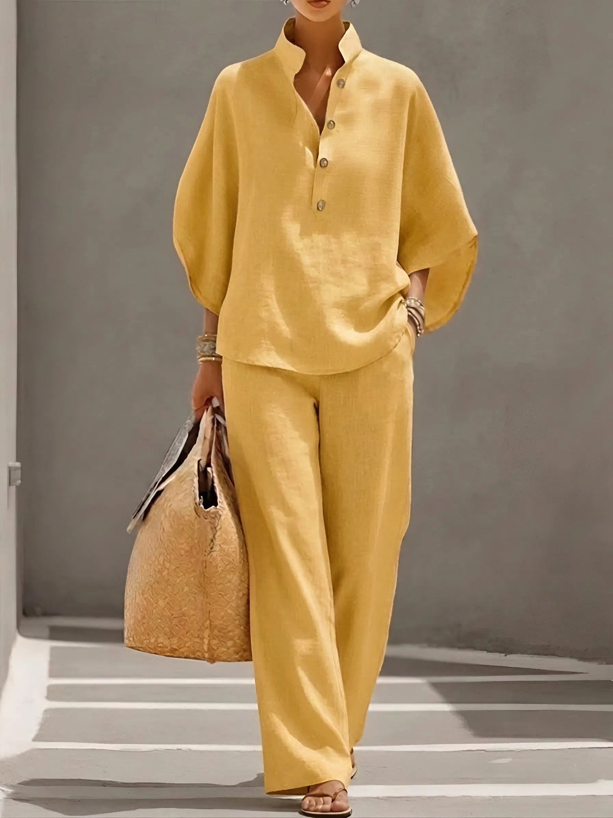 Sloane | Women's Mandarin Collar Kimono Linen Two-Piece Set, Coordinated Summer Outfit for Holidays and Casual Wear, Coordinated Summer Outfit for Holidays and Casual Wear - Yellow
