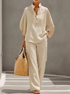 Sloane | Women's Mandarin Collar Kimono Linen Two-Piece Set, Coordinated Summer Outfit for Holidays and Casual Wear, Coordinated Summer Outfit for Holidays and Casual Wear - image 9