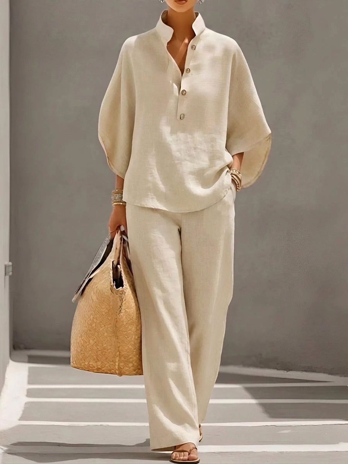 Sloane | Women's Mandarin Collar Kimono Linen Two-Piece Set, Coordinated Summer Outfit for Holidays and Casual Wear, Coordinated Summer Outfit for Holidays and Casual Wear - image 9