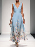 Sophie | Women's Floral V-Neck Midi Dress, A-Line Wedding Guest Dress | Direct Attire | Light Blue
