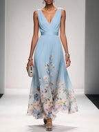 Sophie | Women's Floral V-Neck Midi Dress, A-Line Wedding Guest Dress | Direct Attire | Light Blue
