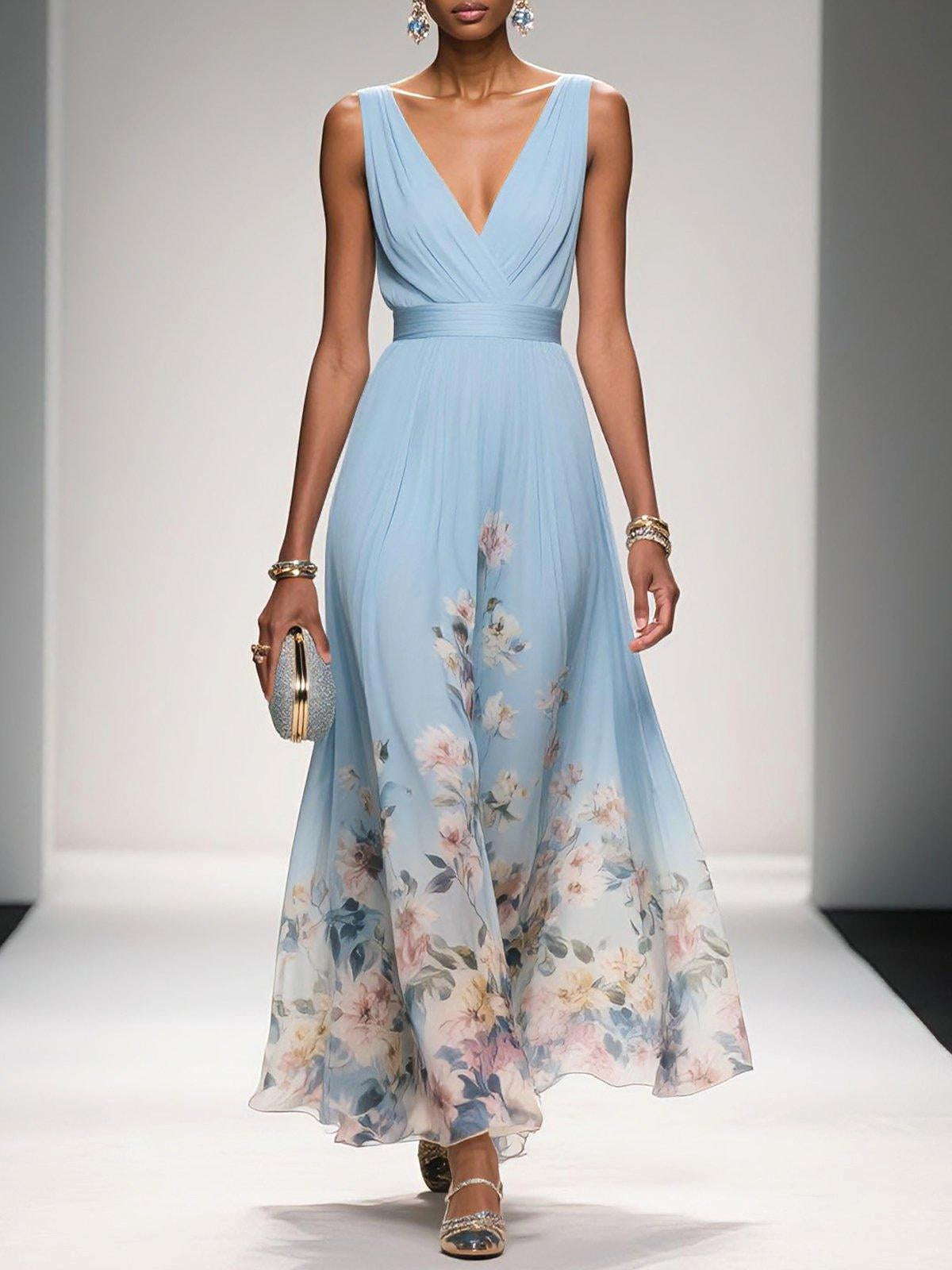Sophie | Women's Floral V-Neck Midi Dress, A-Line Wedding Guest Dress | Direct Attire | Light Blue