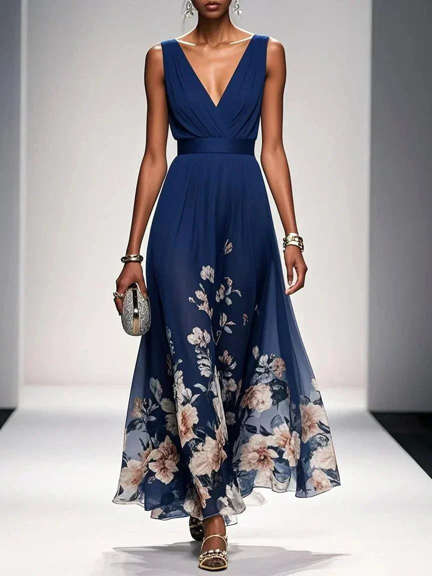 Sophie | Women's Floral V-Neck Midi Dress, A-Line Wedding Guest Dress | Direct Attire | Navy Blue