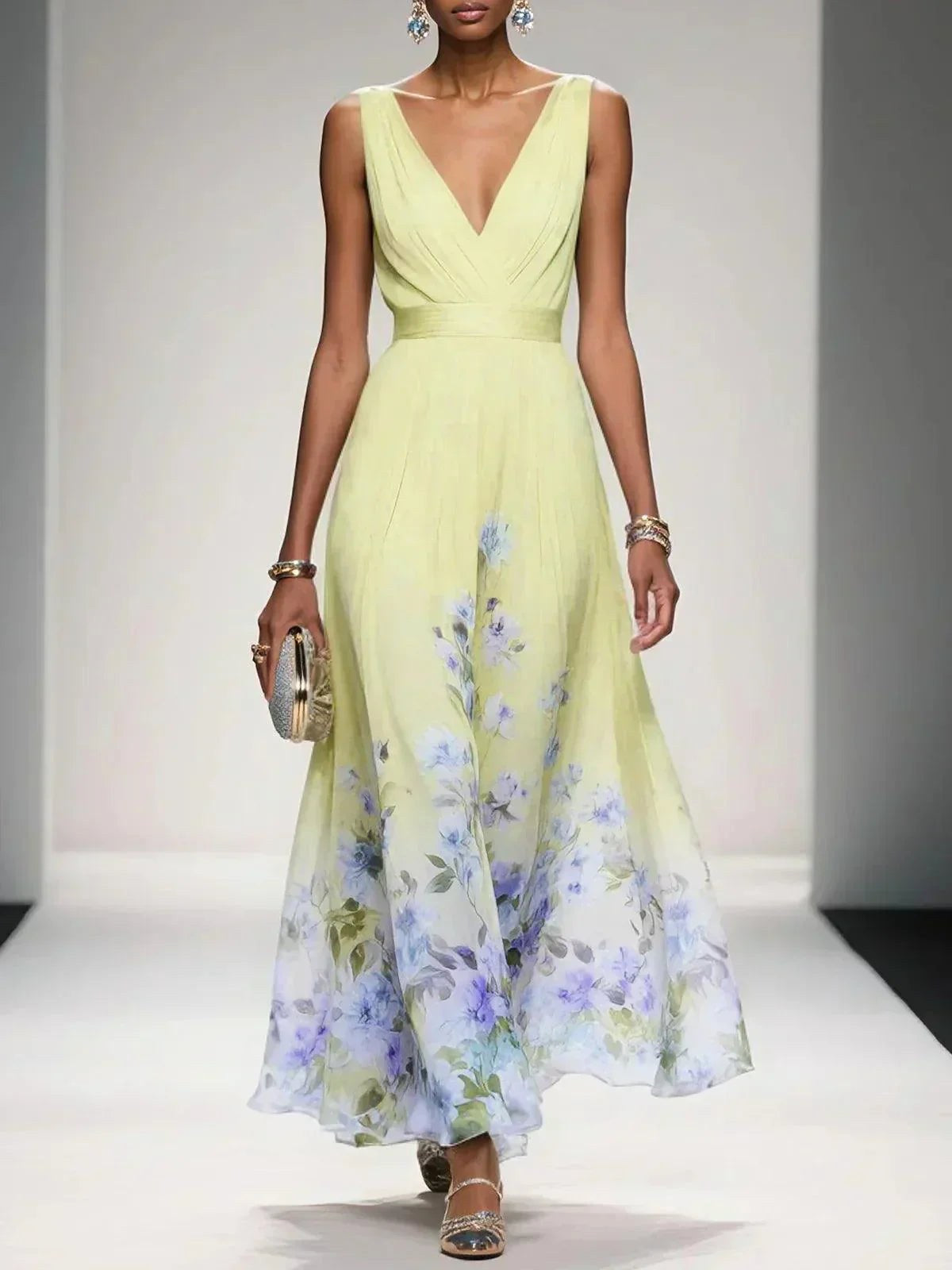 Sophie | Women's Floral V-Neck Midi Dress, A-Line Wedding Guest Dress | Direct Attire | Yellow