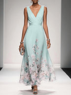 Sophie | Women's Floral V-Neck Midi Dress, A-Line Wedding Guest Dress | Direct Attire | Light Green