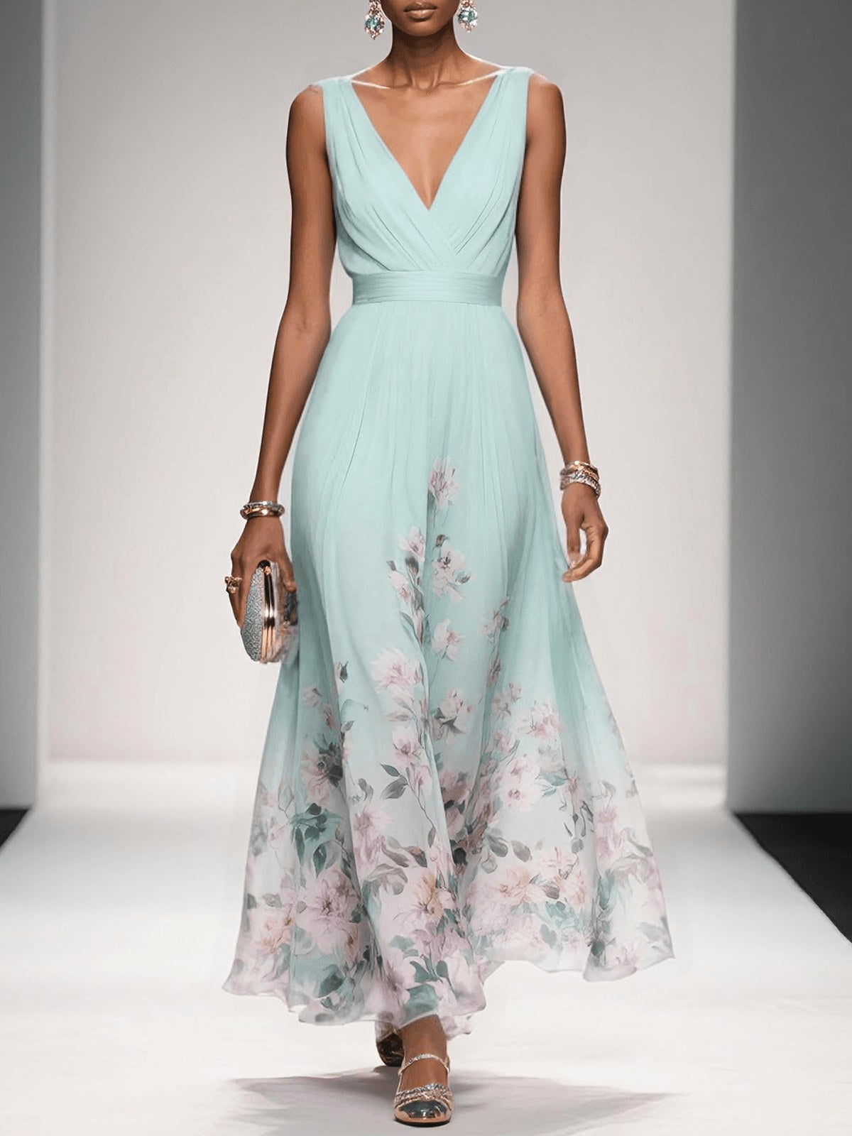 Sophie | Women's Floral V-Neck Midi Dress, A-Line Wedding Guest Dress | Direct Attire | Light Green
