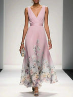 Sophie | Women's Floral V-Neck Midi Dress, A-Line Wedding Guest Dress | Direct Attire | Pink