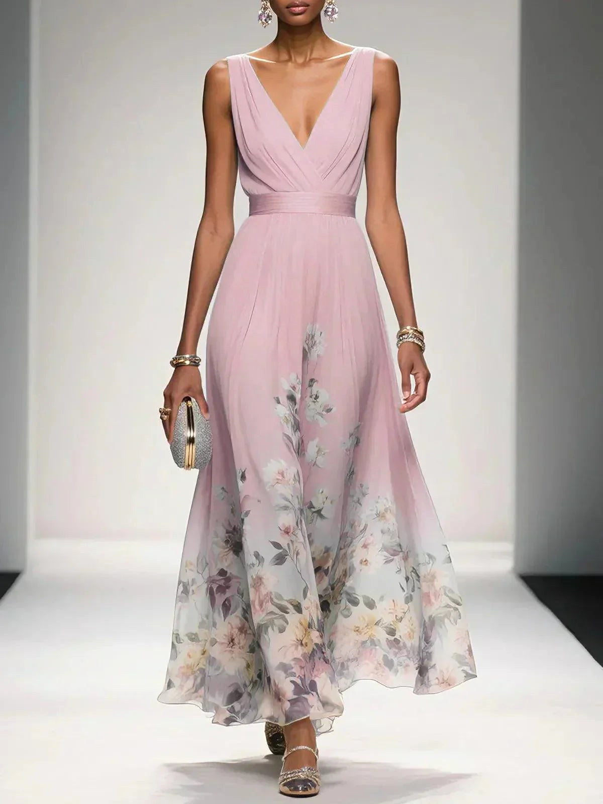 Sophie | Women's Floral V-Neck Midi Dress, A-Line Wedding Guest Dress | Direct Attire | Pink