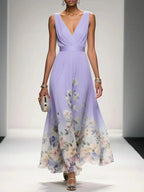 Sophie | Women's Floral V-Neck Midi Dress, A-Line Wedding Guest Dress | Direct Attire | Purple