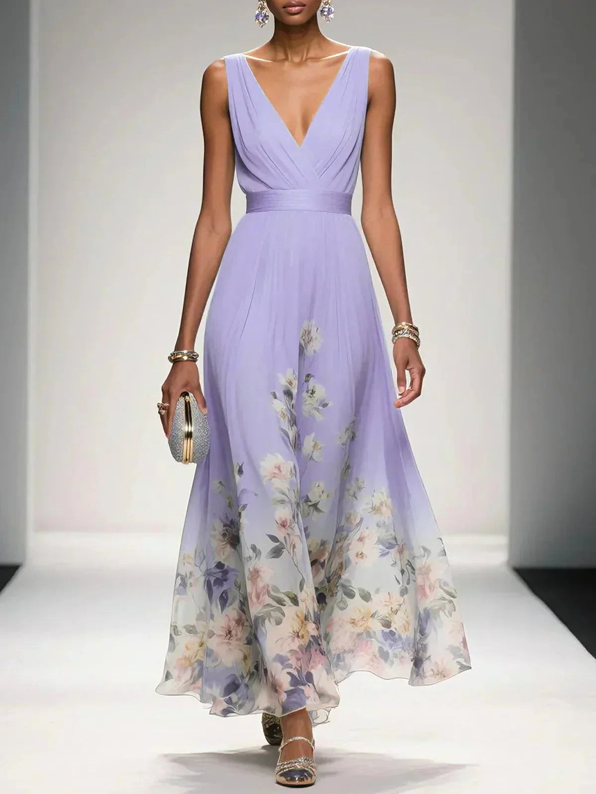 Sophie | Women's Floral V-Neck Midi Dress, A-Line Wedding Guest Dress | Direct Attire | Purple