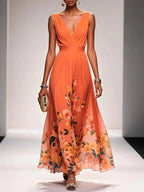 Sophie | Women's Floral V-Neck Midi Dress, A-Line Wedding Guest Dress | Direct Attire | Orange