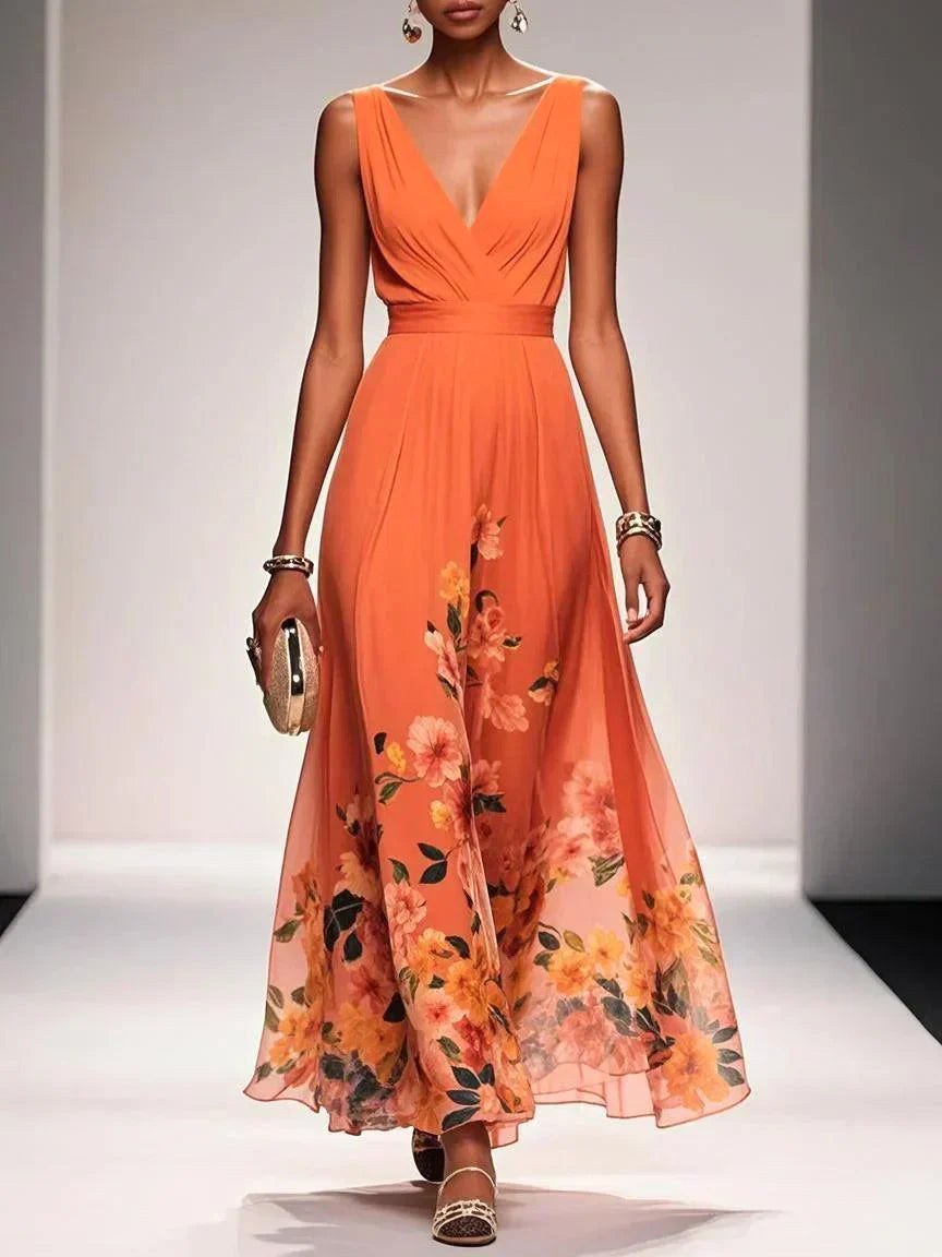 Sophie | Women's Floral V-Neck Midi Dress, A-Line Wedding Guest Dress | Direct Attire | Orange