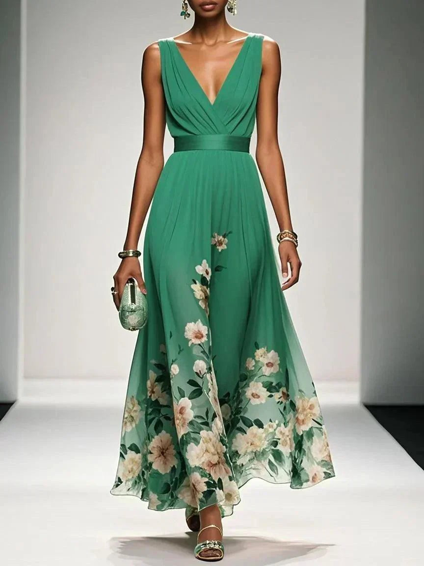 Sophie | Women's Floral V-Neck Midi Dress, A-Line Wedding Guest Dress | Direct Attire | Green