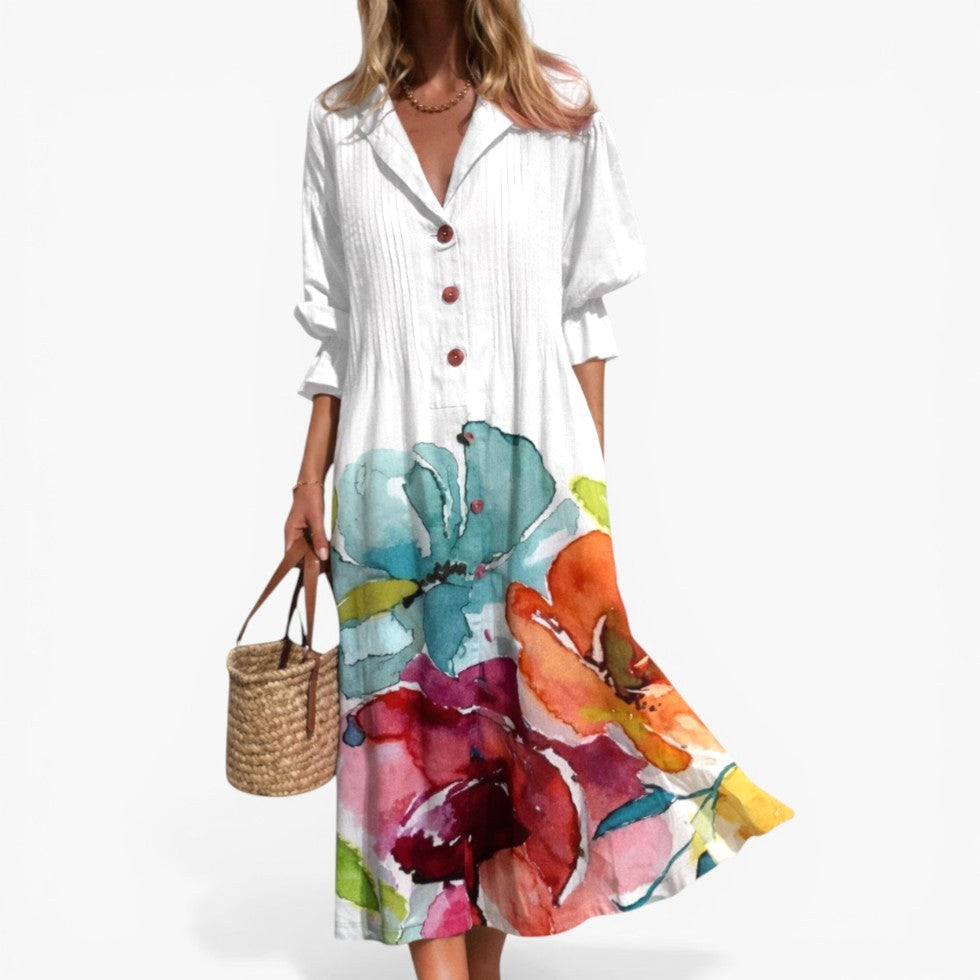 Tahlia | Women's Relaxed Shirt Dress with Bold Print, Button-Front Day Dress | Direct Attire | Blanco