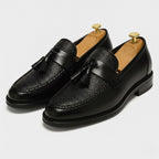 Taj | Men's Box Calf Leather Saddle Loafers, Slip-On Tassel Loafers | Direct Attire | Black