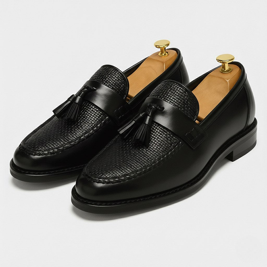 Taj | Men's Box Calf Leather Saddle Loafers, Slip-On Tassel Loafers | Direct Attire | Black