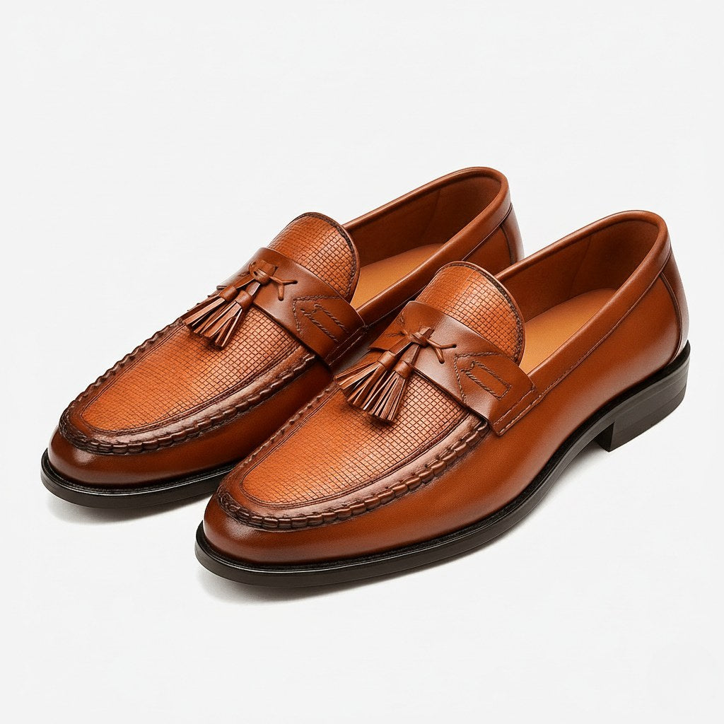 Taj | Men's Box Calf Leather Saddle Loafers, Slip-On Tassel Loafers | Direct Attire | Brown