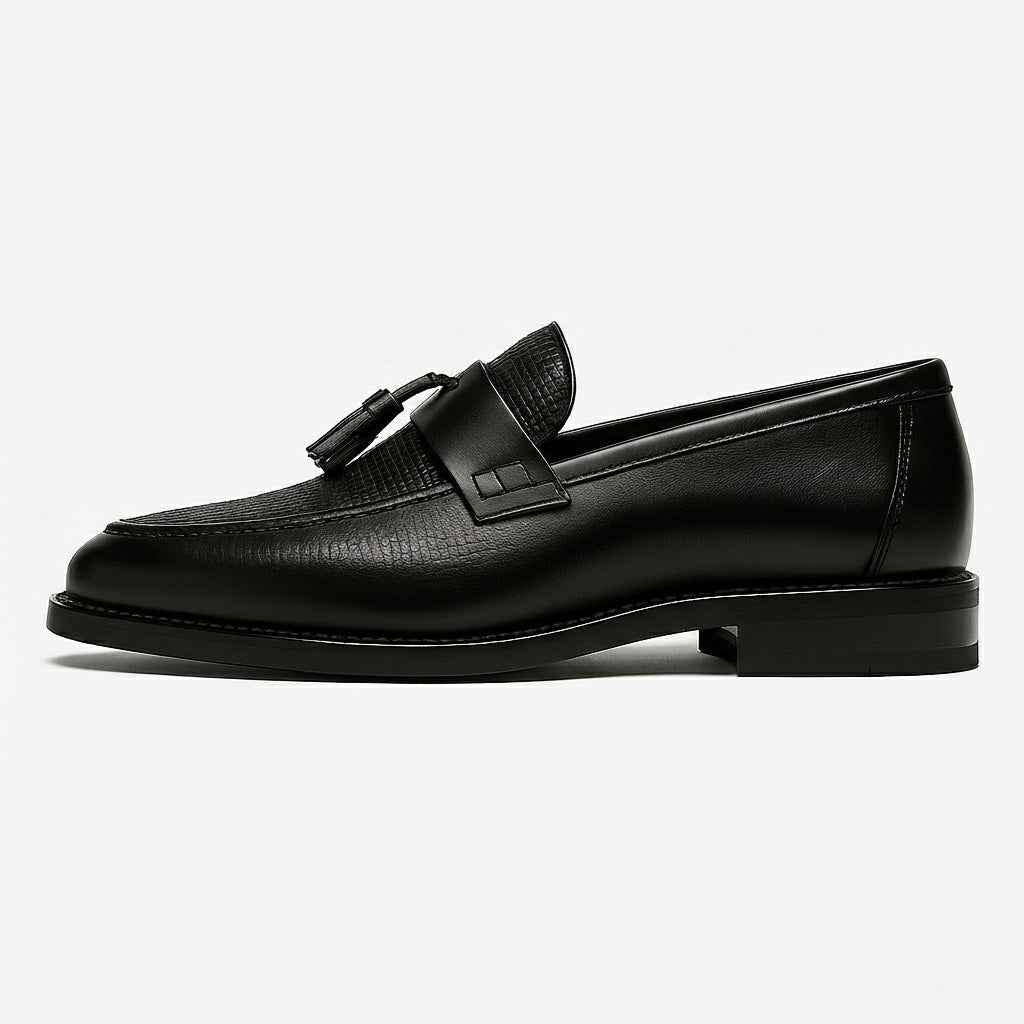 Taj | Men's Box Calf Leather Saddle Loafers, Slip-On Tassel Loafers | Direct Attire