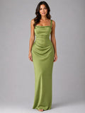 Tanya | Women's Satin Maxi Dress with Ruched Waist, Sculpted Evening Dress | Direct Attire | Green