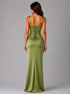 Tanya | Women's Satin Maxi Dress with Ruched Waist, Sculpted Evening Dress | Direct Attire | Navy Blue