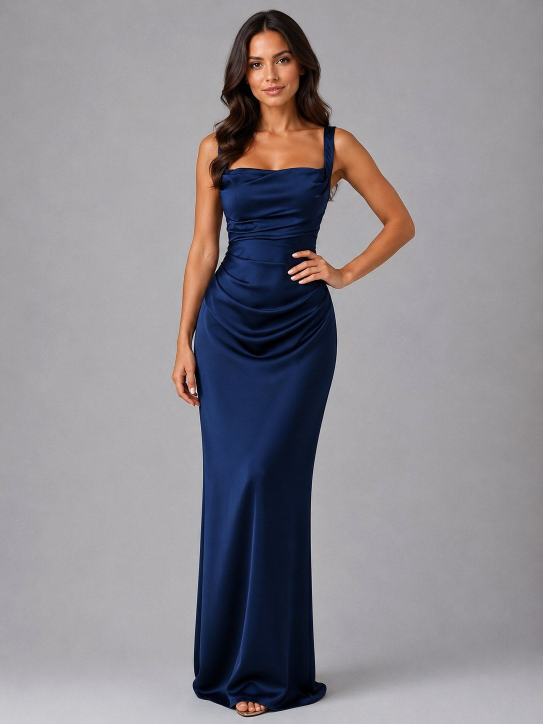 Tanya | Women's Satin Maxi Dress with Ruched Waist, Sculpted Evening Dress | Direct Attire