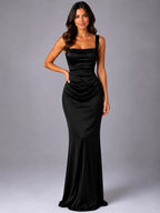 Tanya | Women's Satin Maxi Dress with Ruched Waist, Sculpted Evening Dress | Direct Attire