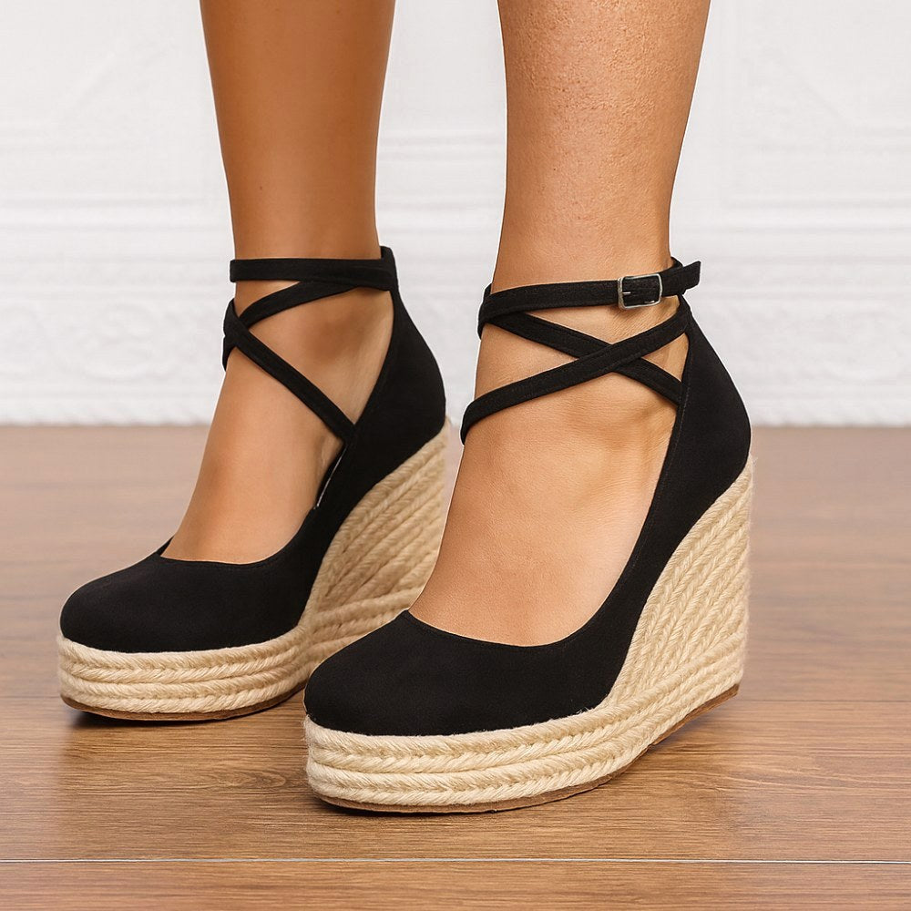 Taylah | Women's Orthopedic Suede Espadrille Wedge Sandals, Woven Rope Wedge Sandals | Direct Attire | Black