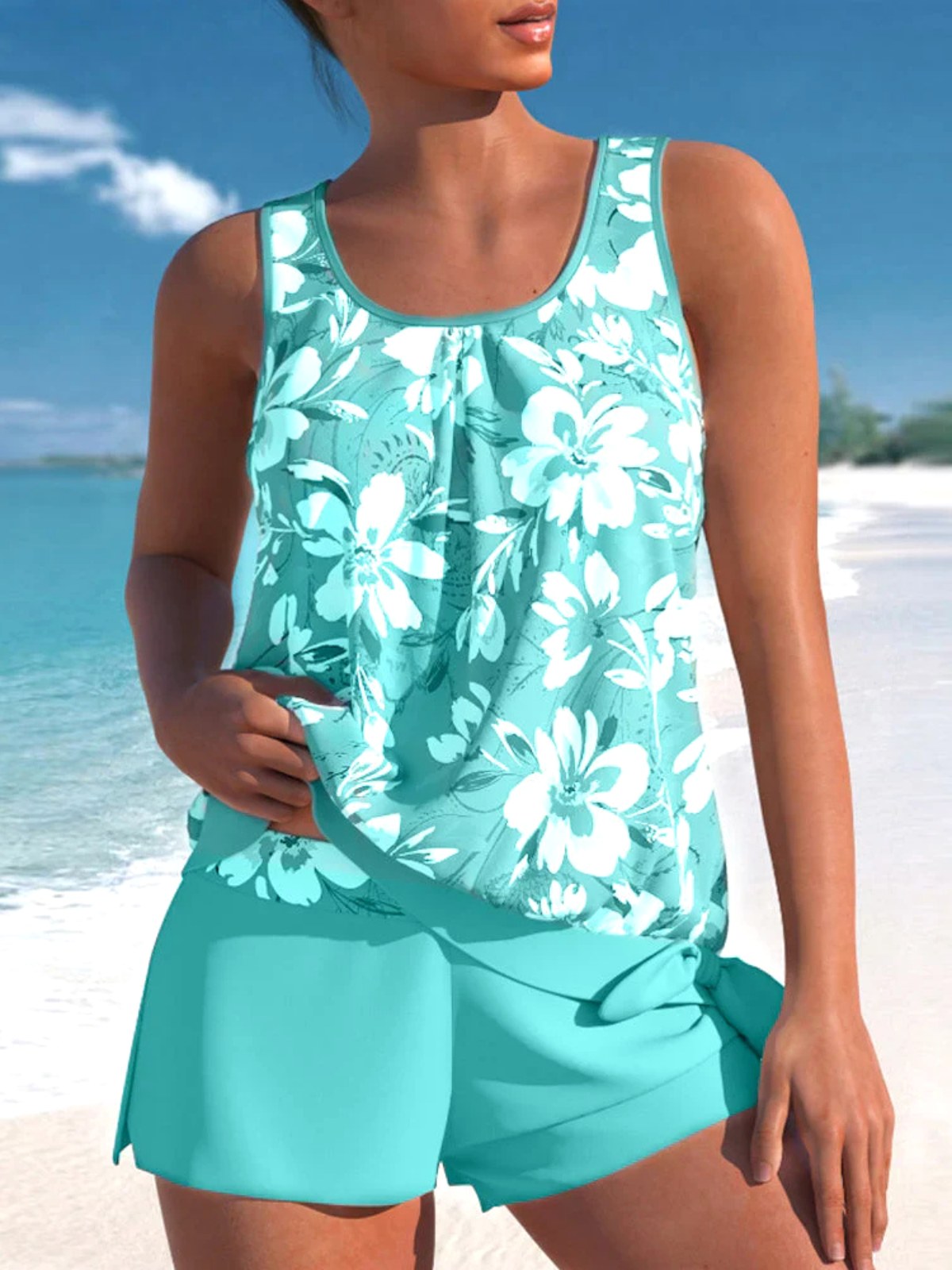 Teagan | Women's Tankini Shorts Swimsuit Set, Flattering Summer Swimwear for Holidays and Beach Days, Flattering Summer Swimwear for Holidays and Beach Days - Aqua Blue