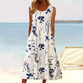 Tegan | Women's Sleeveless A-Line Midi Dress, Floral Print Midi Dress | Direct Attire | Blauw