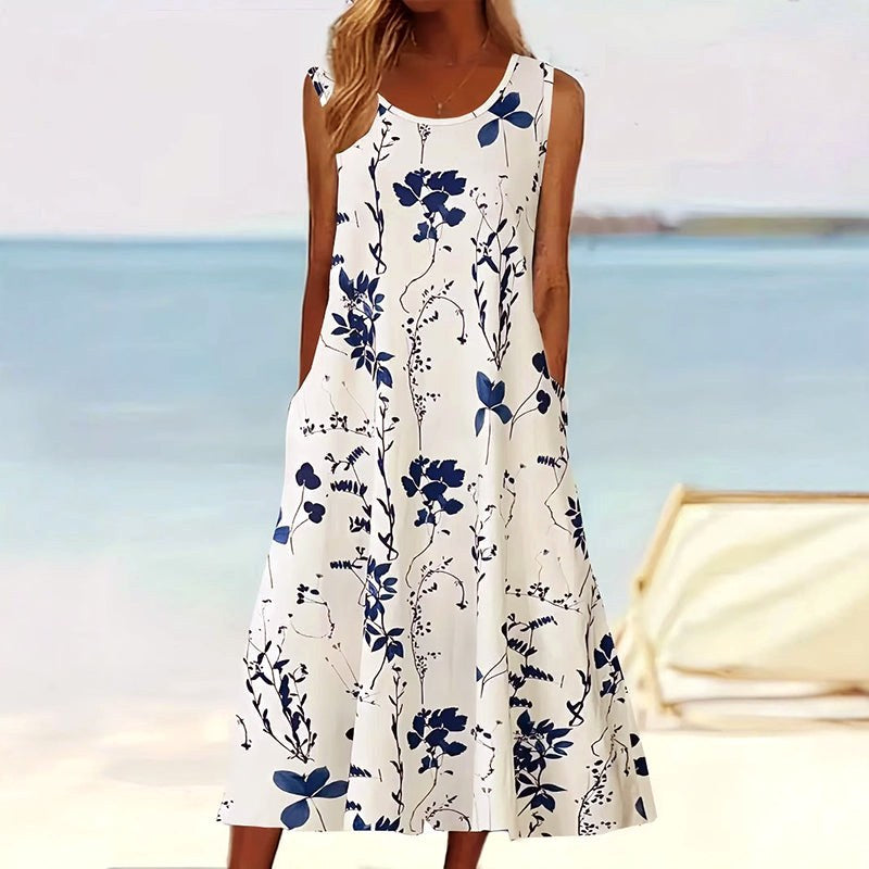 Tegan | Women's Sleeveless A-Line Midi Dress, Floral Print Midi Dress | Direct Attire | Blauw