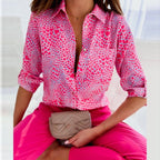 Tiffany | Women's Collared Printed Blouse, Classic Button-Up Top | Direct Attire | Orange Rose Red